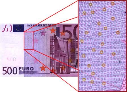 Detalle ampliado de un billete de 500 euros mostrando el patrón de círculos de la constelación de EURión