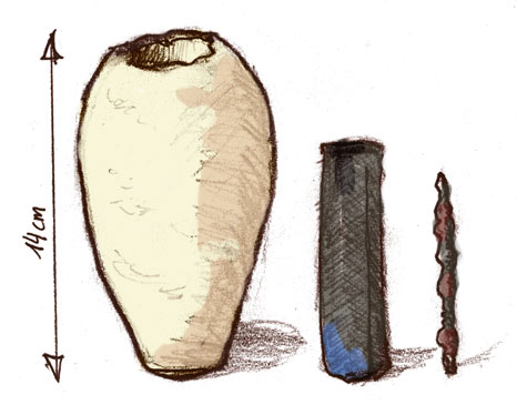 Diagrama de la vasija, cilindro de cobre y varilla de hierro de la llamada pila de Bagdad