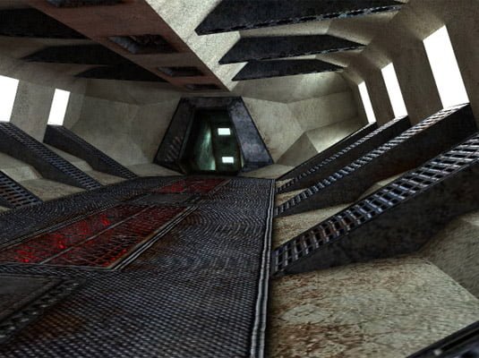 Escena 3D de un búnker o nave futurista con pasarelas metálicas y una puerta iluminada al fondo
