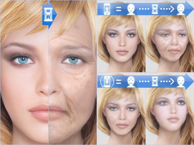 Captura de la app HourFace mostrando el envejecimiento simulado de un rostro