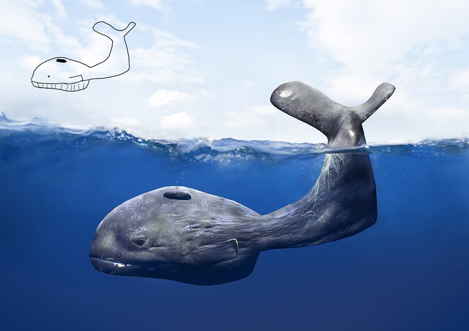 El dibujo infantil de una ballena y el de un artista profesional