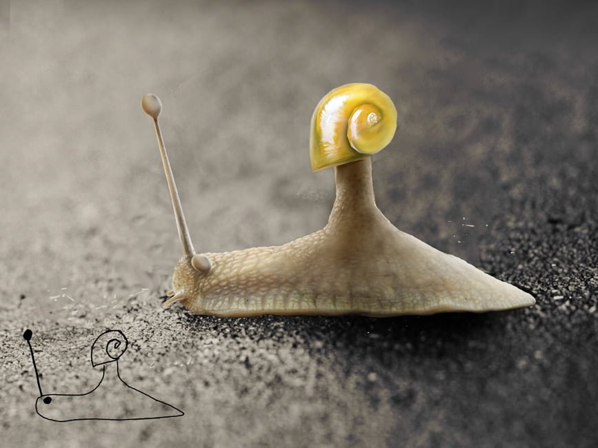 El dibujo infantil de un caracol y el de un artista profesional