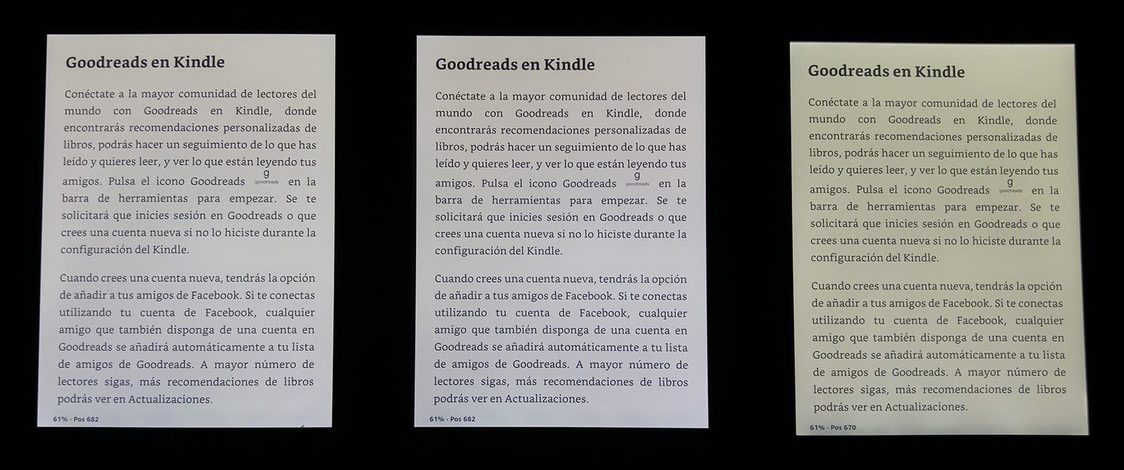 Dos Kindle Voyage (izquierda y centro) y un Kindle Paperwhite 3 (derecha). En la fotografía la iluminación de los Kindle Voyage parece más similar de lo que en realidad es a simple vista. El Kindle Paperwhite, sin embargo, muestra un tono muy amarillento. Amazon y sus distintos colores de leds. Fotografía tomada en la oscuridad con la iluminación de los Kindle al máximo.